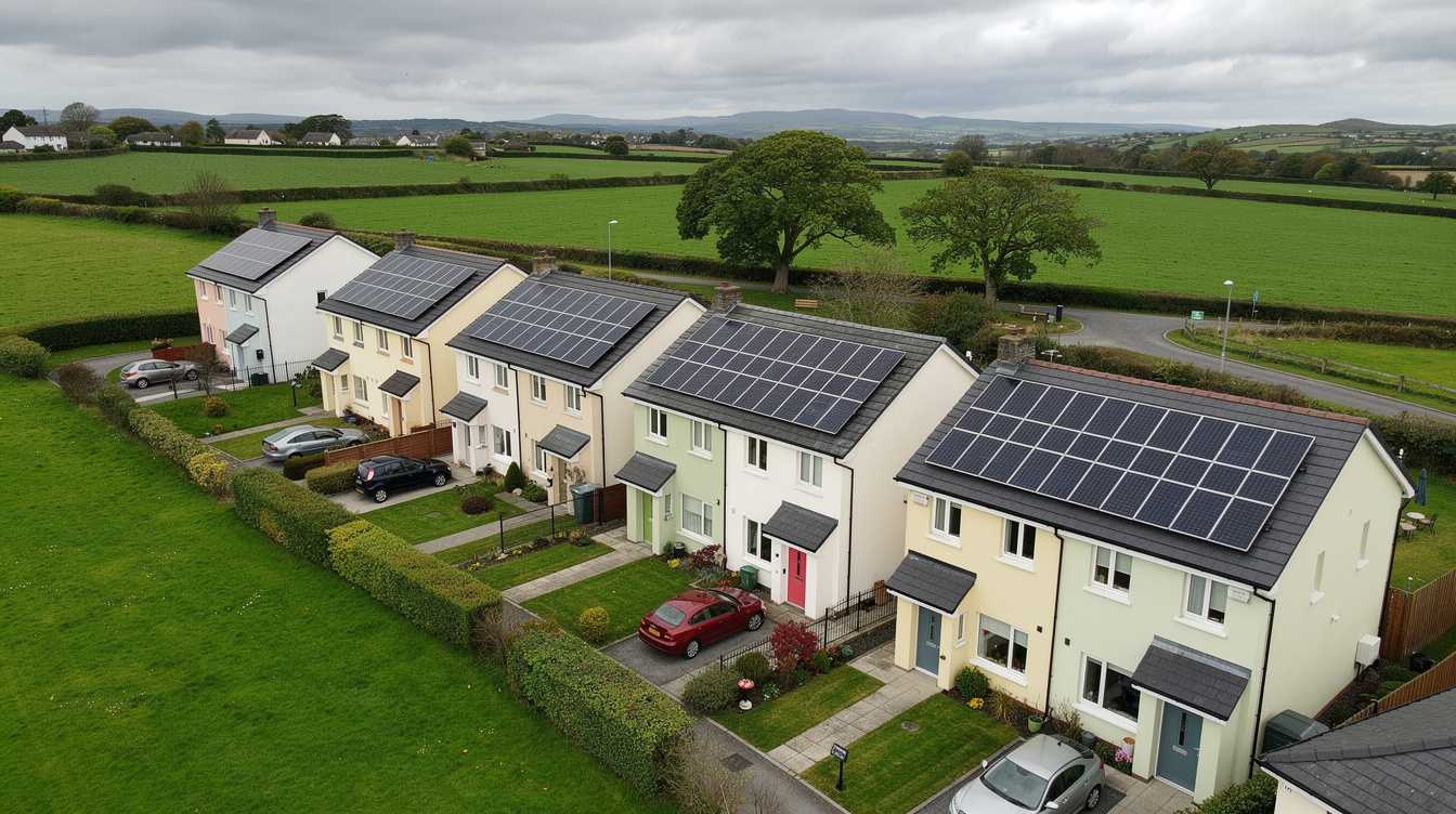 Aerial view of Irish housing estate with solar panels on rooftops surrounded by green fields