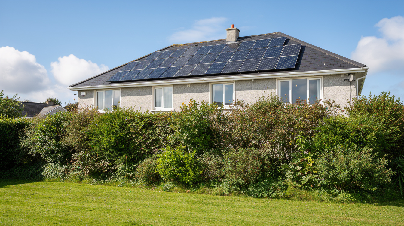 Solar panels on an Irish house roof viewed from the garden with green lawn and hedgerow