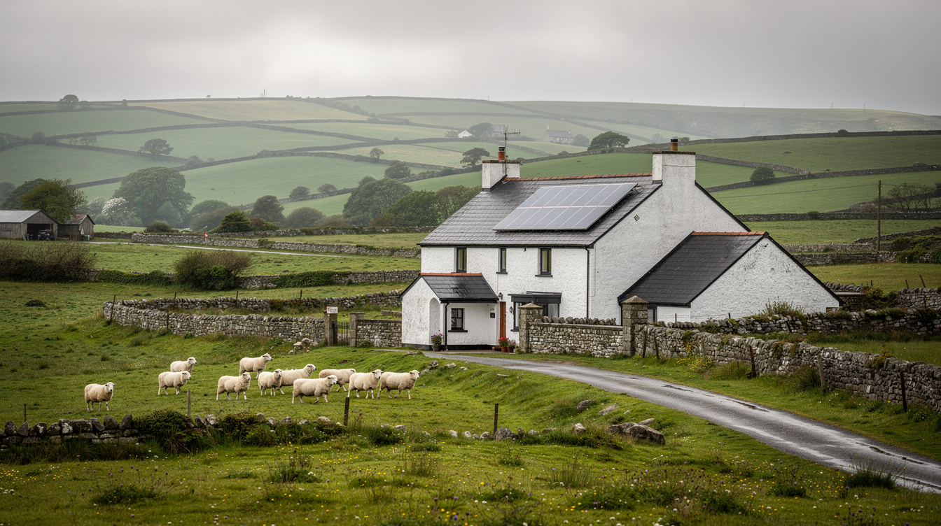 Traditional Irish farmhouse with solar panels on its slate roof surrounded by green rolling hills and sheep