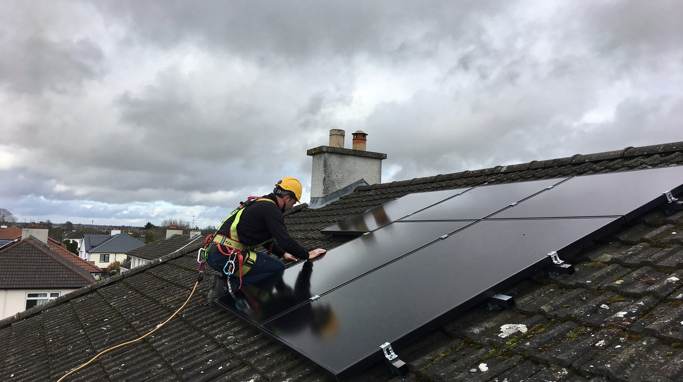 Solar panel installer working on a pitched roof of an Irish house under cloudy skies