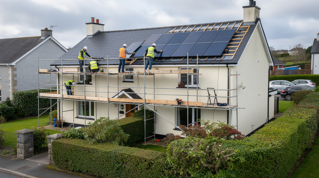 Workers installing solar panels on scaffolding during a home renovation on an Irish house