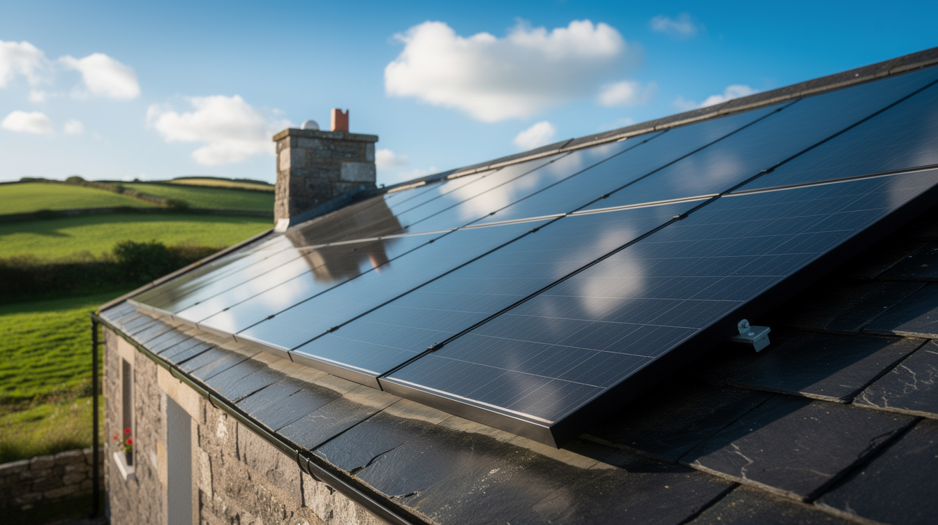 Close-up of solar panels on Irish cottage roof with rolling green hills and blue sky