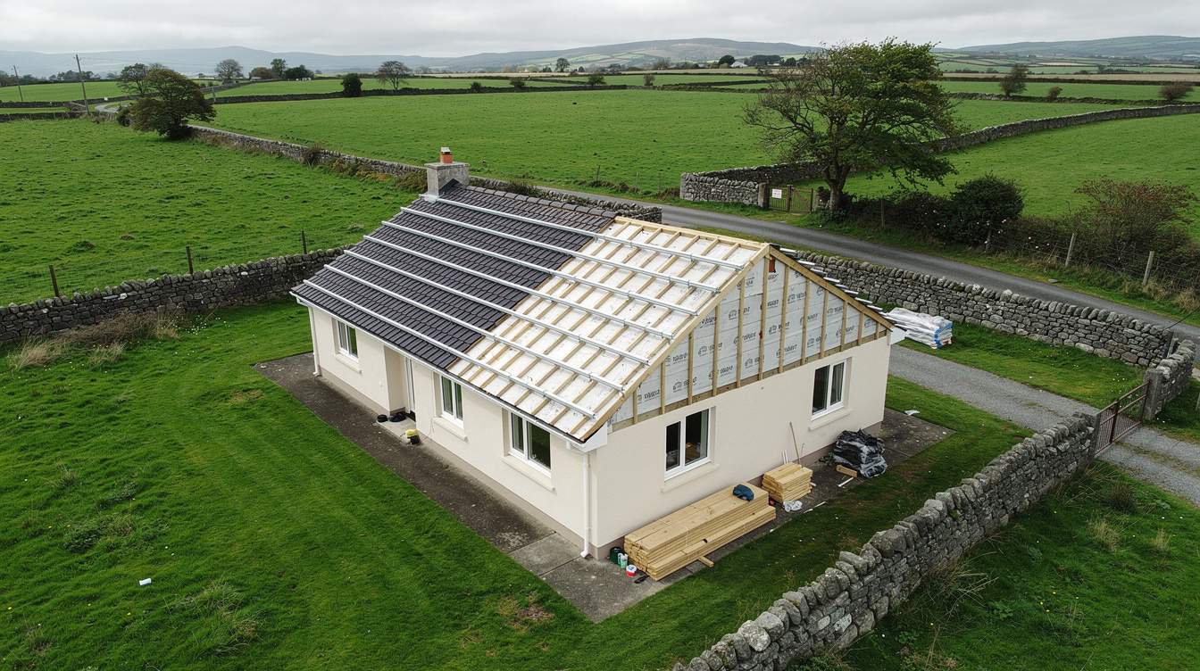 Aerial view of Irish bungalow with roof renovation in progress and solar panel mounting rails installed