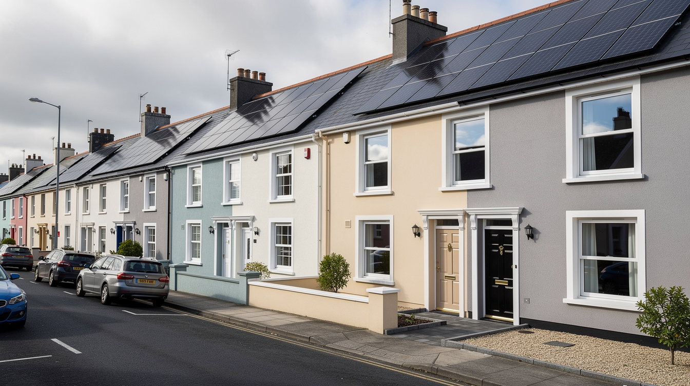 Row of renovated Irish terraced houses with solar panels on roofs and freshly painted colourful facades