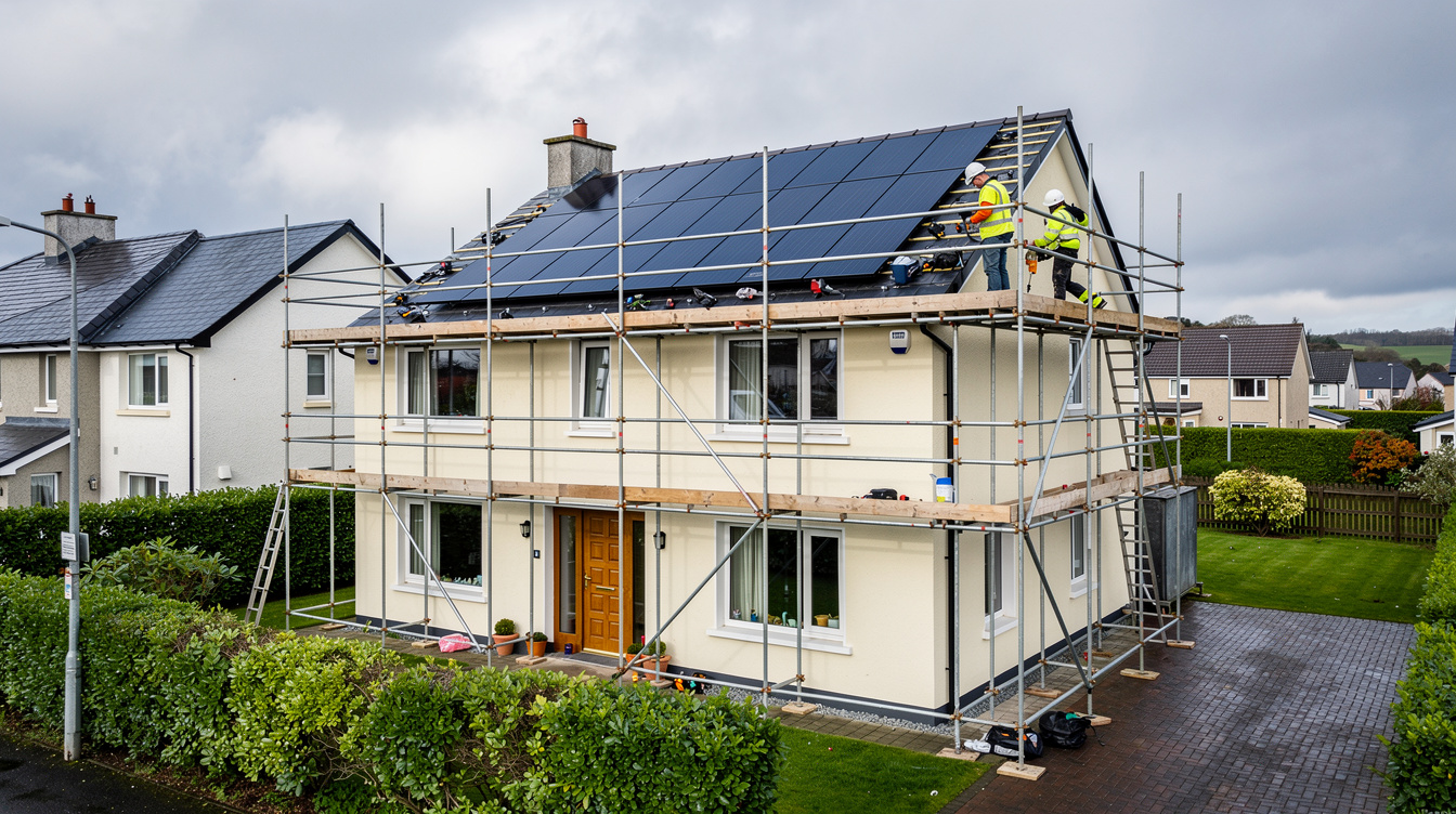 Solar panels being installed on an Irish house with scaffolding