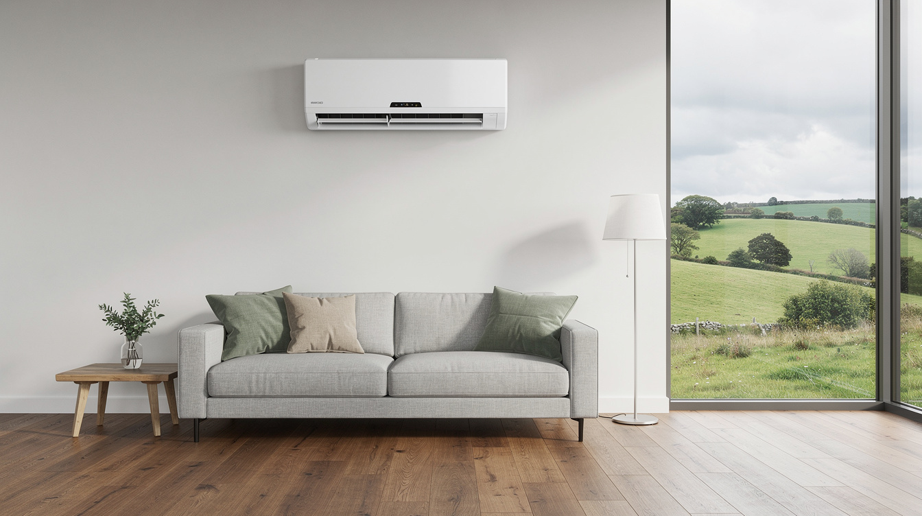Wall-mounted split air conditioning unit in modern Irish living room with countryside view