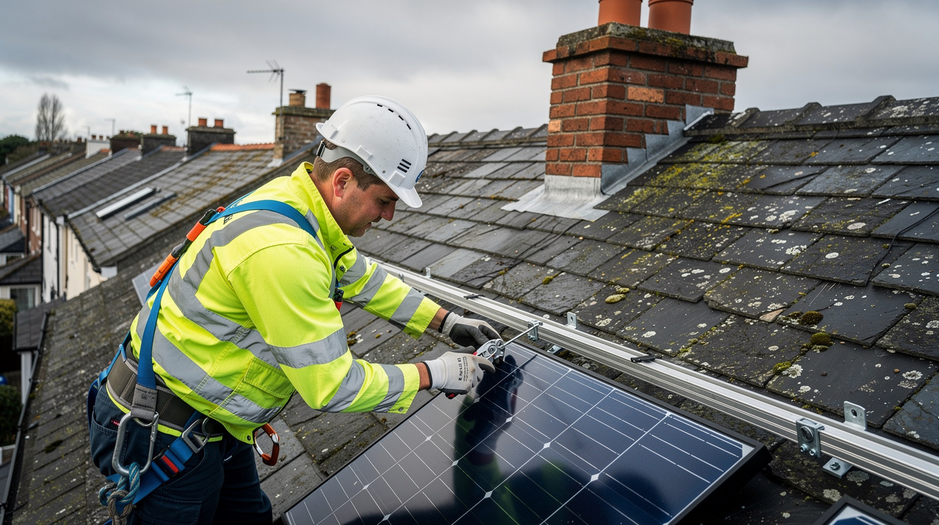 Solar installer fitting panels on a terraced house roof in Ireland