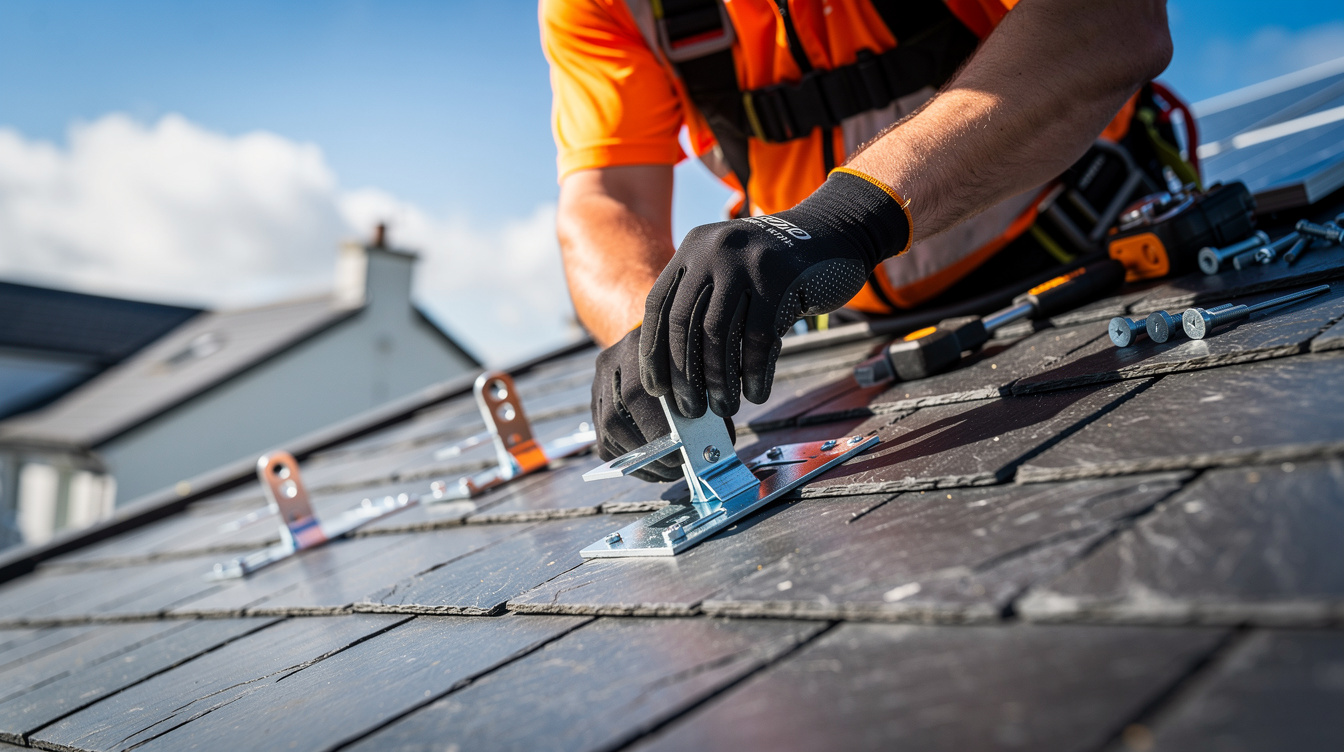 Solar panel installer fitting mounting brackets on an Irish rooftop in County Tipperary