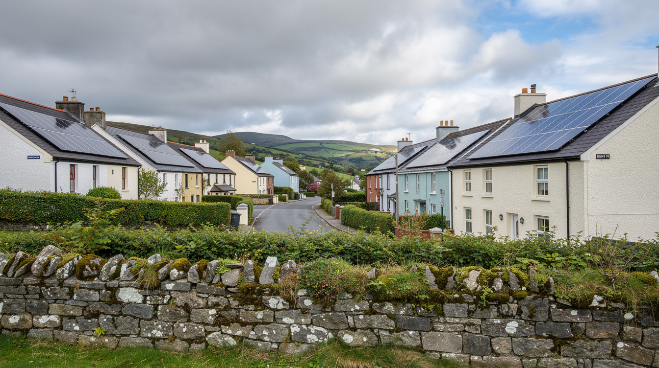 Irish village houses with solar panels on rooftops in County Tipperary, stone wall and green hedgerows in foreground