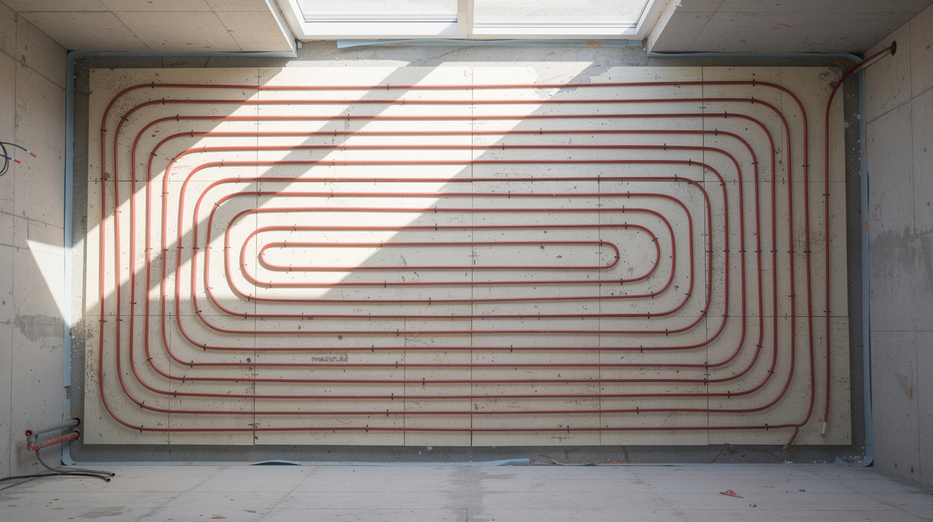 Underfloor heating pipes laid in serpentine loops on insulation board during installation