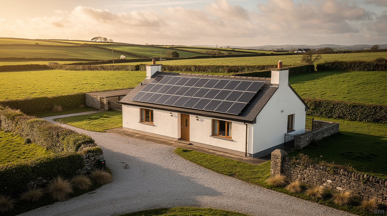 Rural Waterford bungalow with large solar panel array, golden afternoon light over green pastures