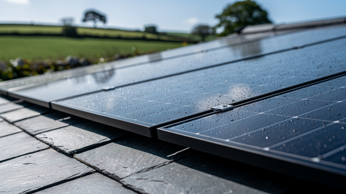 Close-up of solar panels on slate roof with morning dew, Irish countryside in background