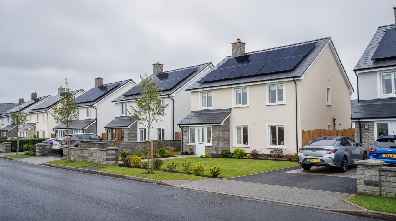 Modern Irish housing estate with semi-detached homes fitted with solar panels, green lawns, overcast bright day