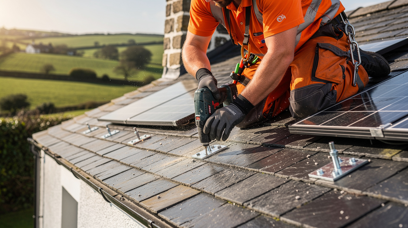 Solar panel installer in orange hi-vis working on Irish cottage roof with green Wexford countryside in background