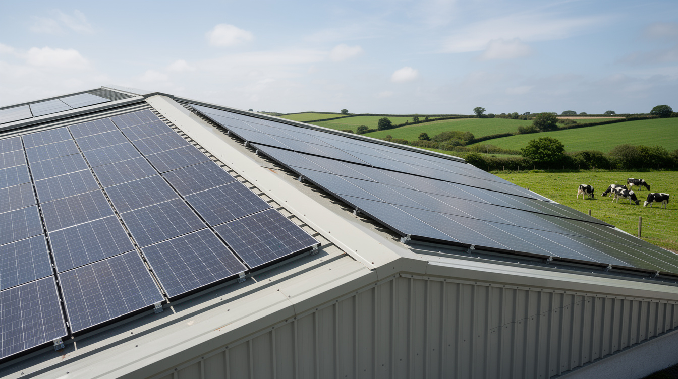 Large solar panel array on the trapezoidal metal roof of an Irish dairy shed with dairy cattle grazing in the field beyond