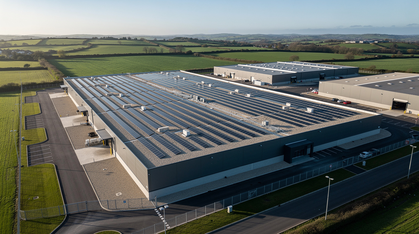 Aerial view of a large Irish commercial warehouse with ballasted solar panel arrays across the flat roof and green countryside in the background