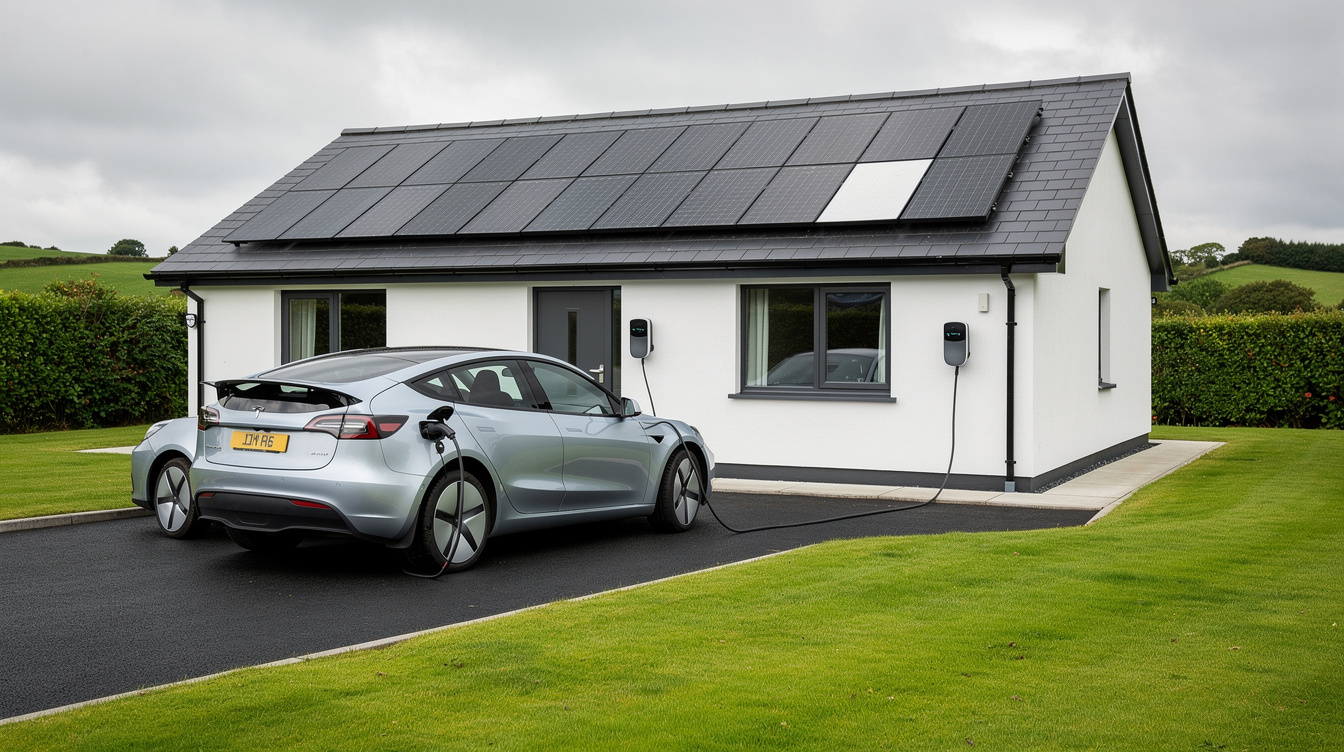 Modern Irish detached bungalow with rooftop solar and electric car charging on driveway