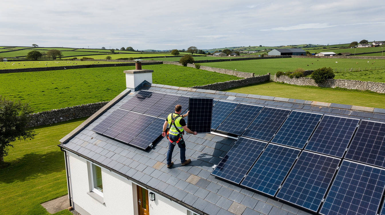 Solar installer in PPE fitting panels on a detached Irish rooftop