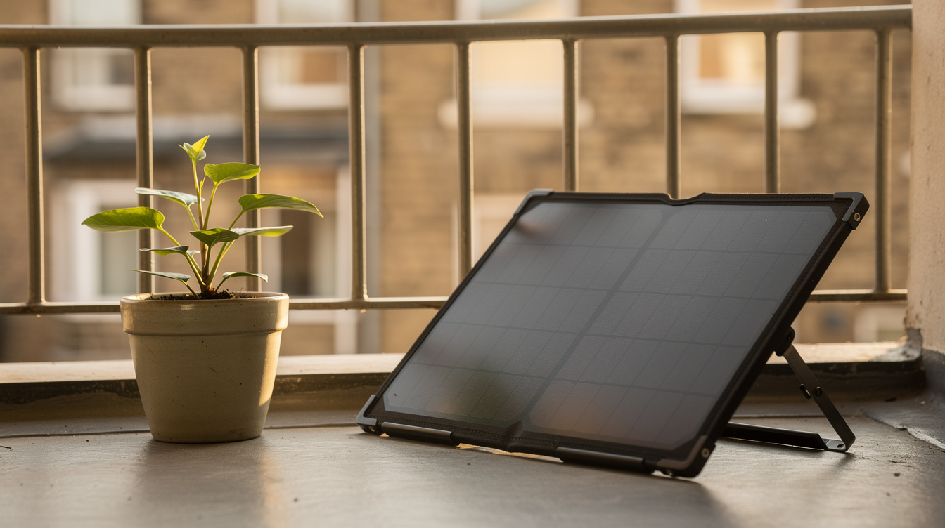 A portable folding solar panel propped on an Irish apartment balcony beside a potted plant