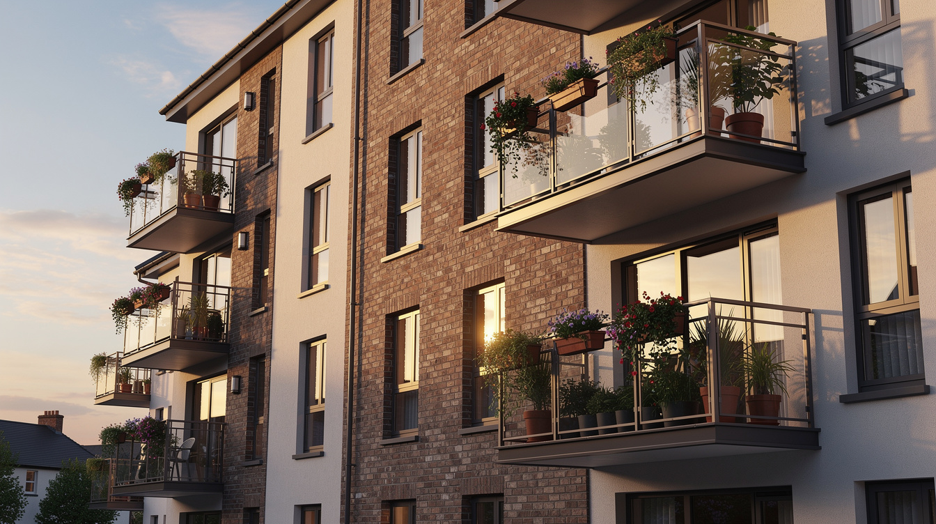 Modern Irish apartment block at golden hour with glass balconies on each floor