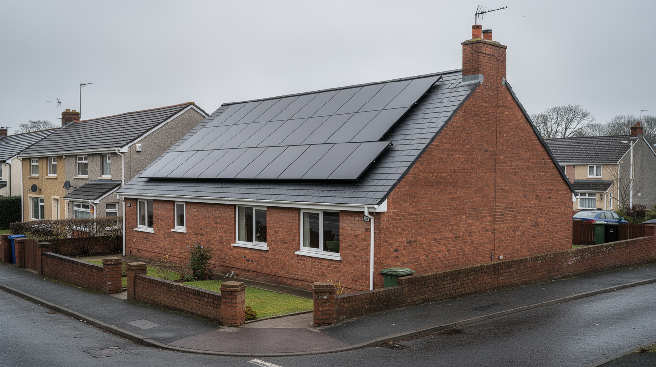 Solar PV panel array on Belfast suburban house slate roof