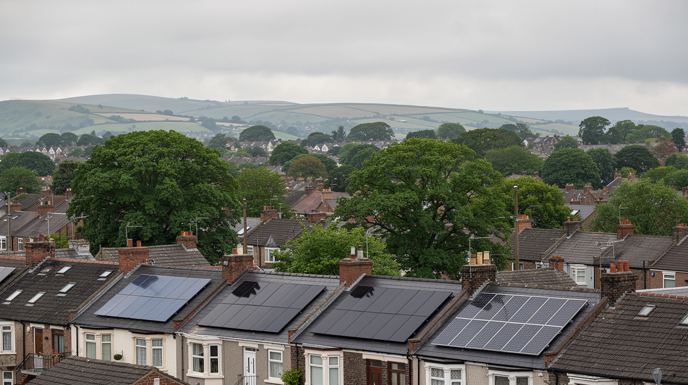 Belfast suburban rooftops with solar PV, hills in distance