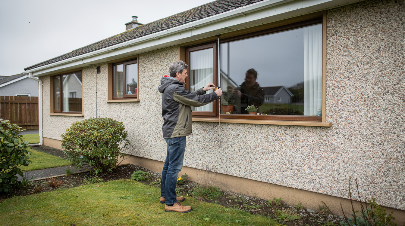 BER assessor measuring exterior wall of an Irish bungalow during a survey visit