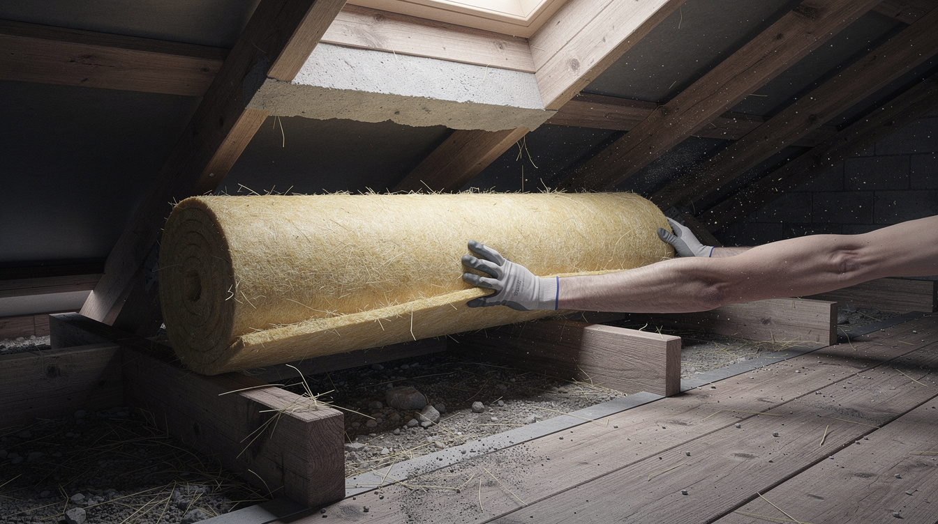 Attic mineral wool insulation roll being installed in an Irish house roof void
