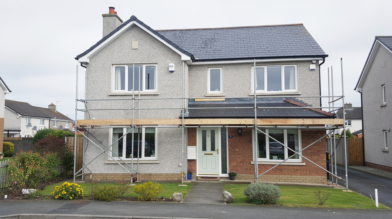 Triple-glazed window replacement on an Irish two-storey suburban house with scaffolding in place