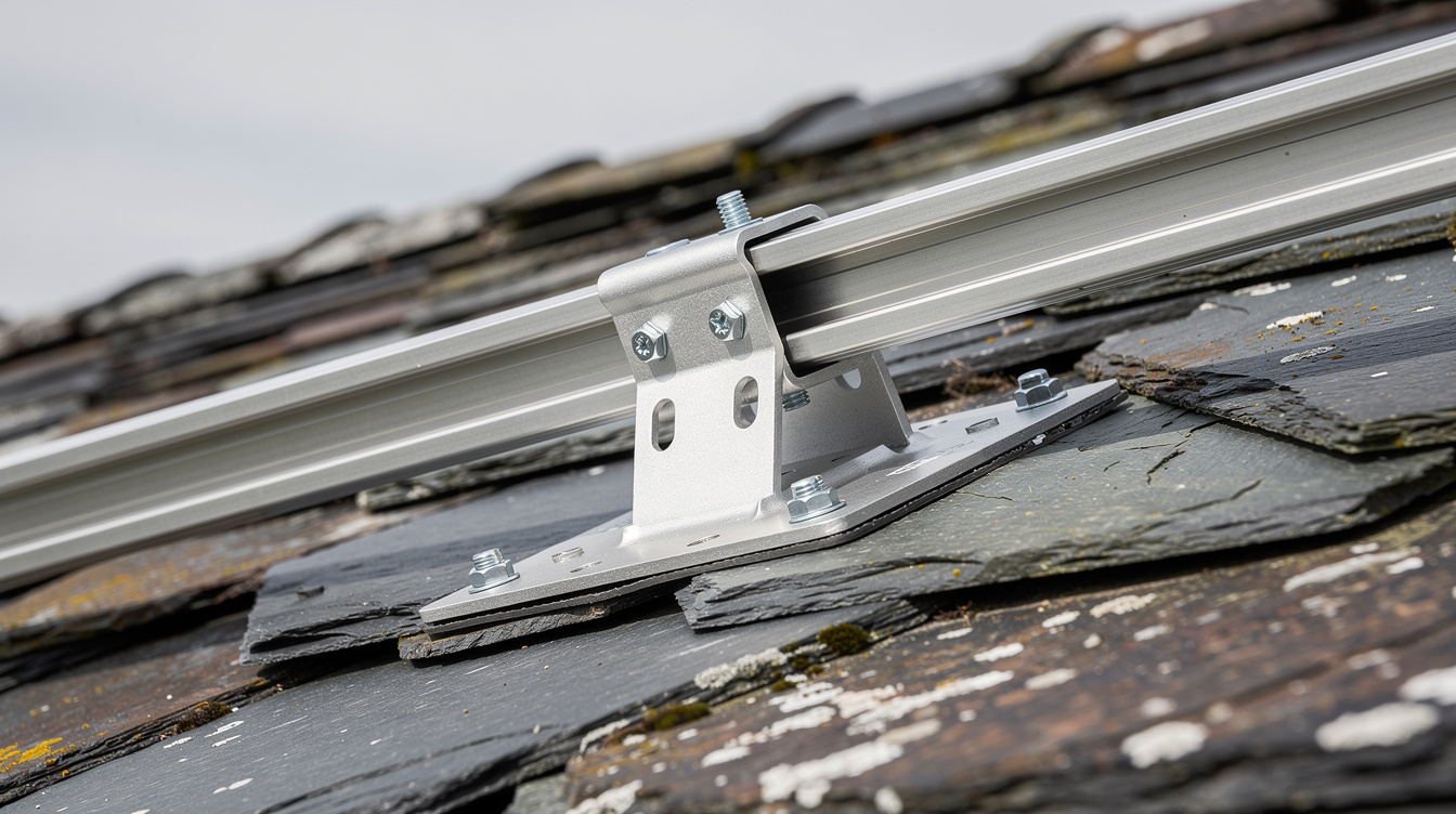 Close-up of an aluminium solar panel mounting bracket bolted to weathered slate roof tiles in Ireland