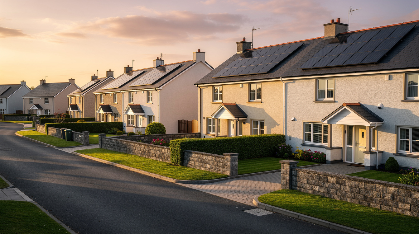 Row of Irish suburban homes at golden hour with rooftop solar panels installed