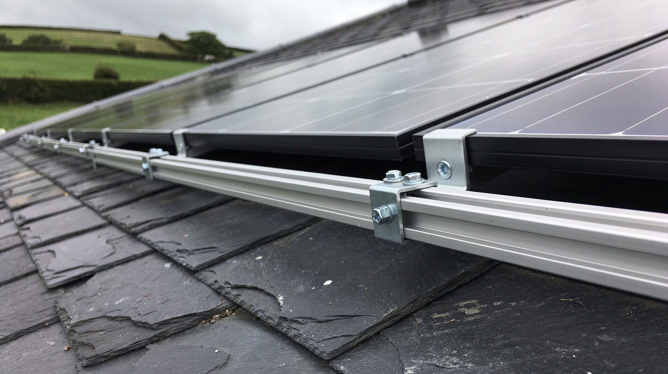 Close up of newly installed dark monocrystalline solar panels on an Irish slate roof, modern rail mounting hardware, edge of green countryside visible