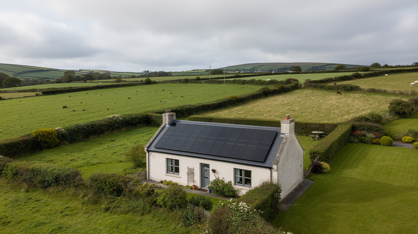Detached Irish two-storey home with full south-facing roof of modern dark monocrystalline solar panels, green countryside backdrop, overcast sky