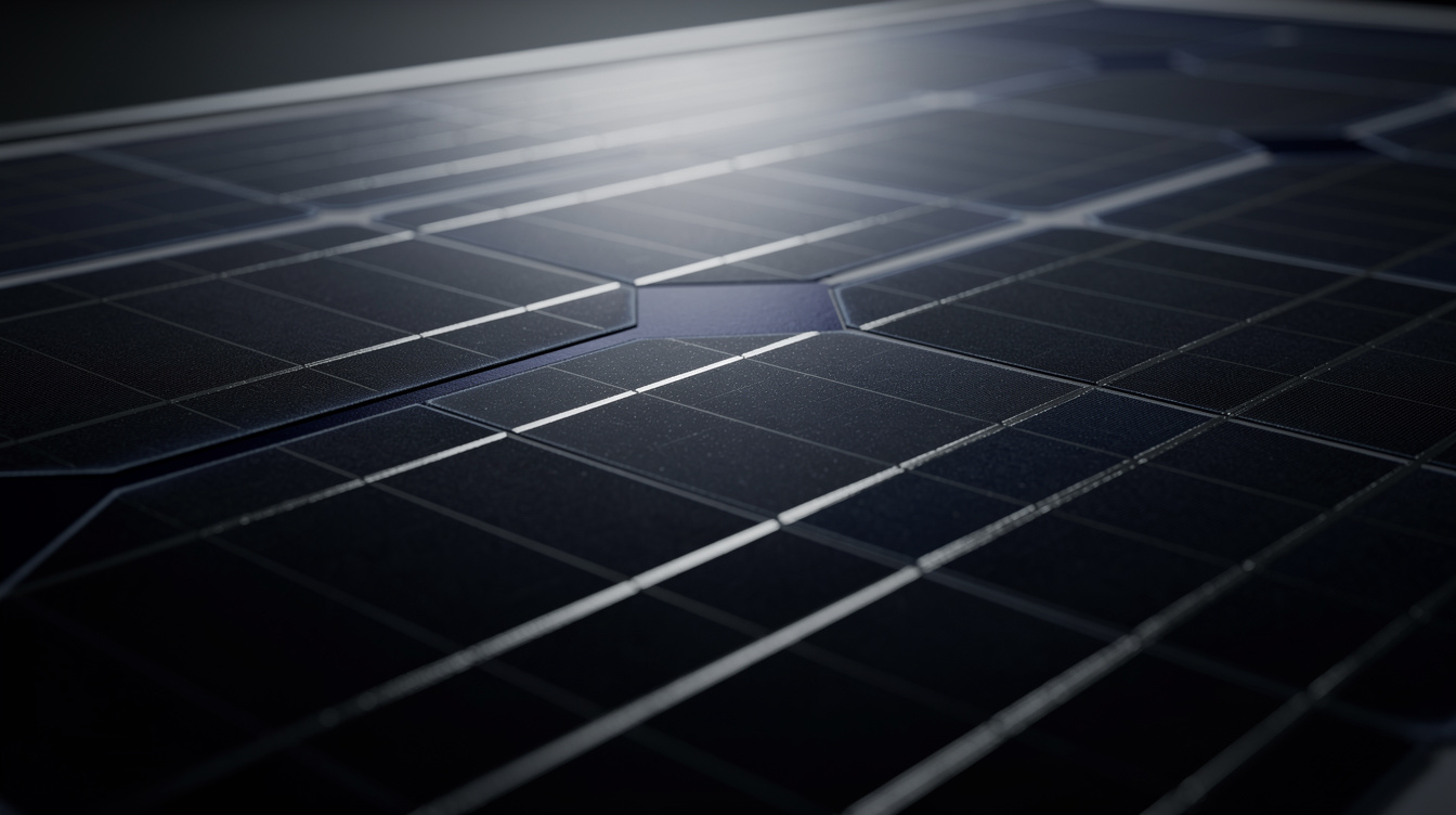 Close-up of solar PV panel cells showing busbar pattern
