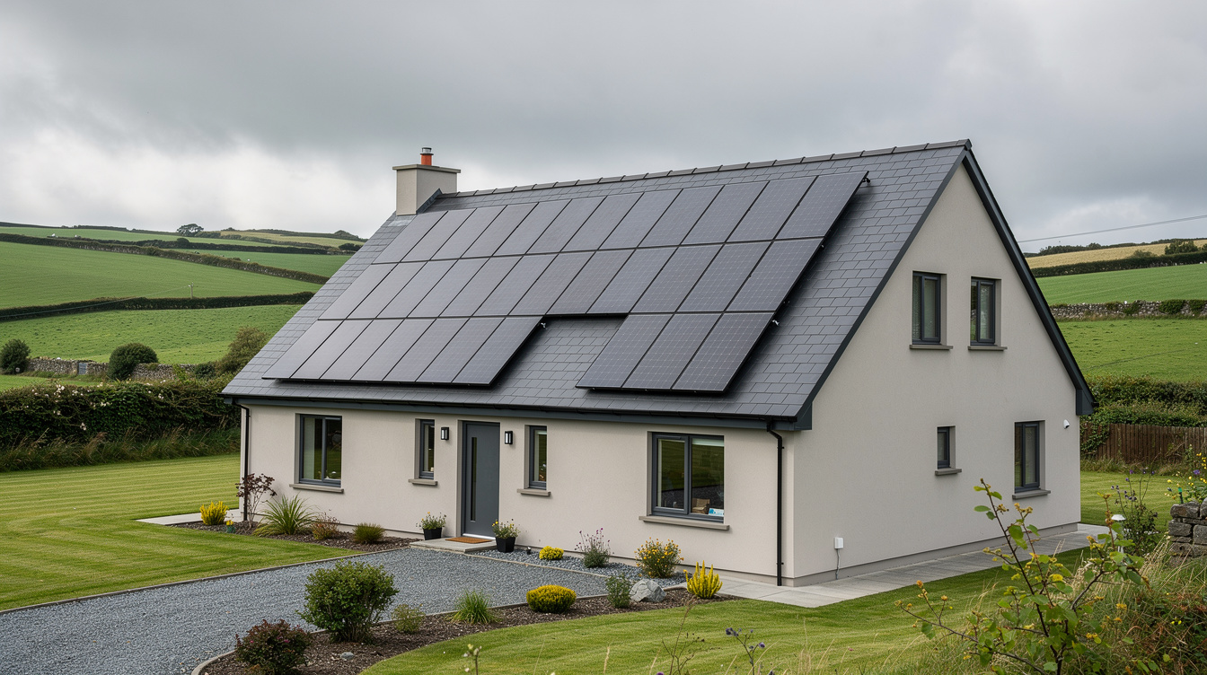 Solar PV panels installed on slate roof of detached Irish home in green countryside