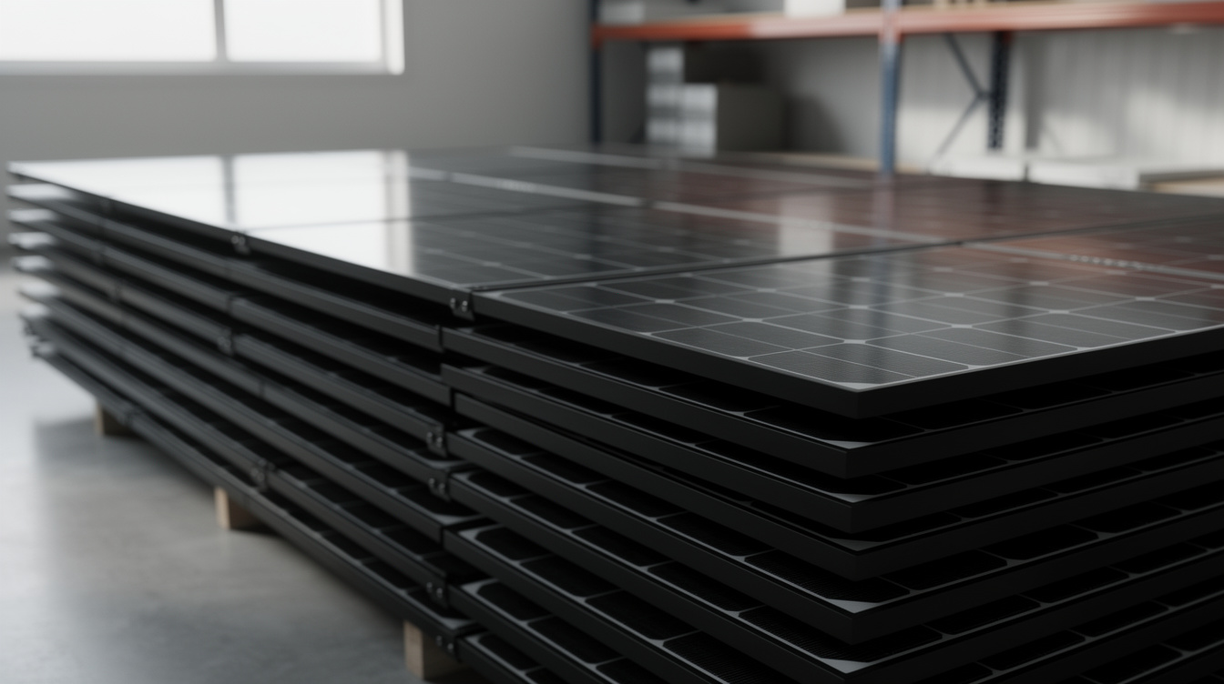 Black monocrystalline solar PV panels stacked at an Irish installer warehouse