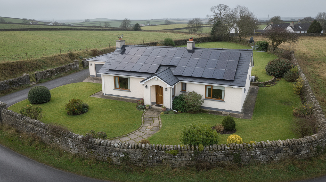 Aerial view of Irish bungalow with full solar PV array on south-facing roof