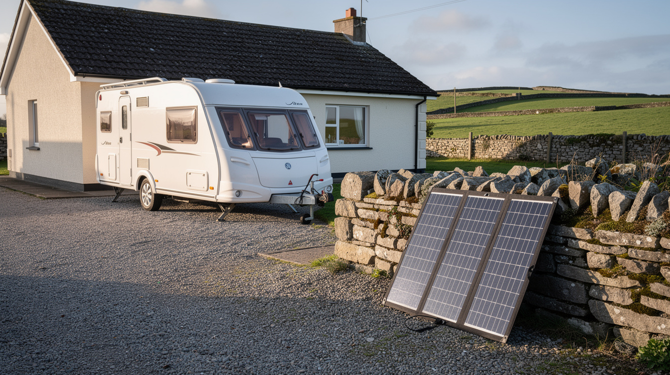Portable solar panel with a touring caravan on an Irish rural driveway