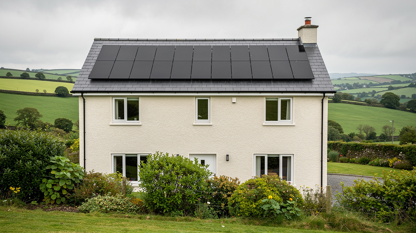 Single-storey rural Carlow detached home with solar panels on south-facing tile roof, rolling green farmland and Blackstairs Mountains visible in the distance