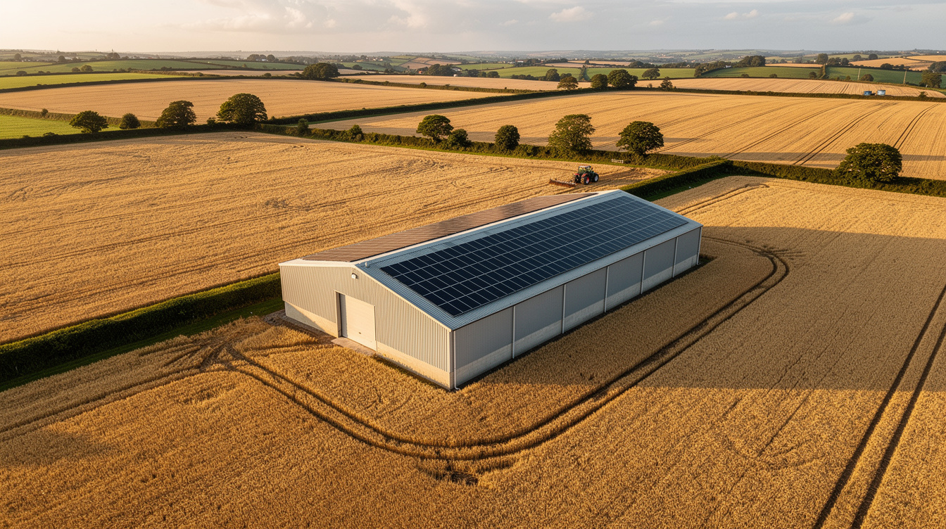 Irish tillage farm in south Carlow with large rooftop solar PV array on grain store, fields of barley and wheat in foreground