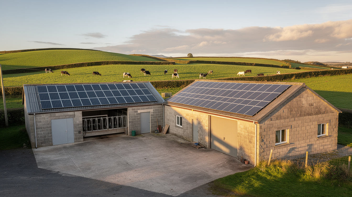 A small Cavan dairy farmyard near Bailieborough with a milking parlour and machinery shed both fitted with slate-grey solar PV panels on east and west gable roofs, drumlin fields with cattle grazing in the background, late afternoon sun