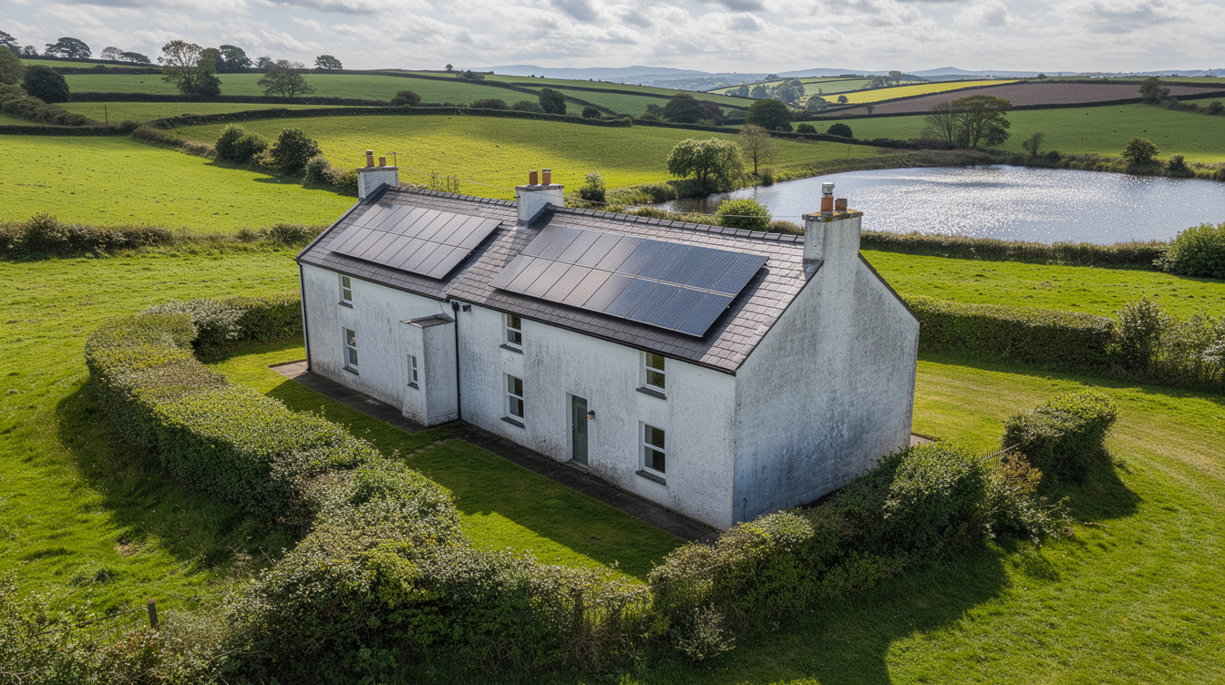 Detached two-storey Cavan farmhouse on a drumlin slope with slate-grey solar panels on both the east and west gable roof slopes, neat field hedgerows and a small lake glinting in the background under bright Irish summer sky
