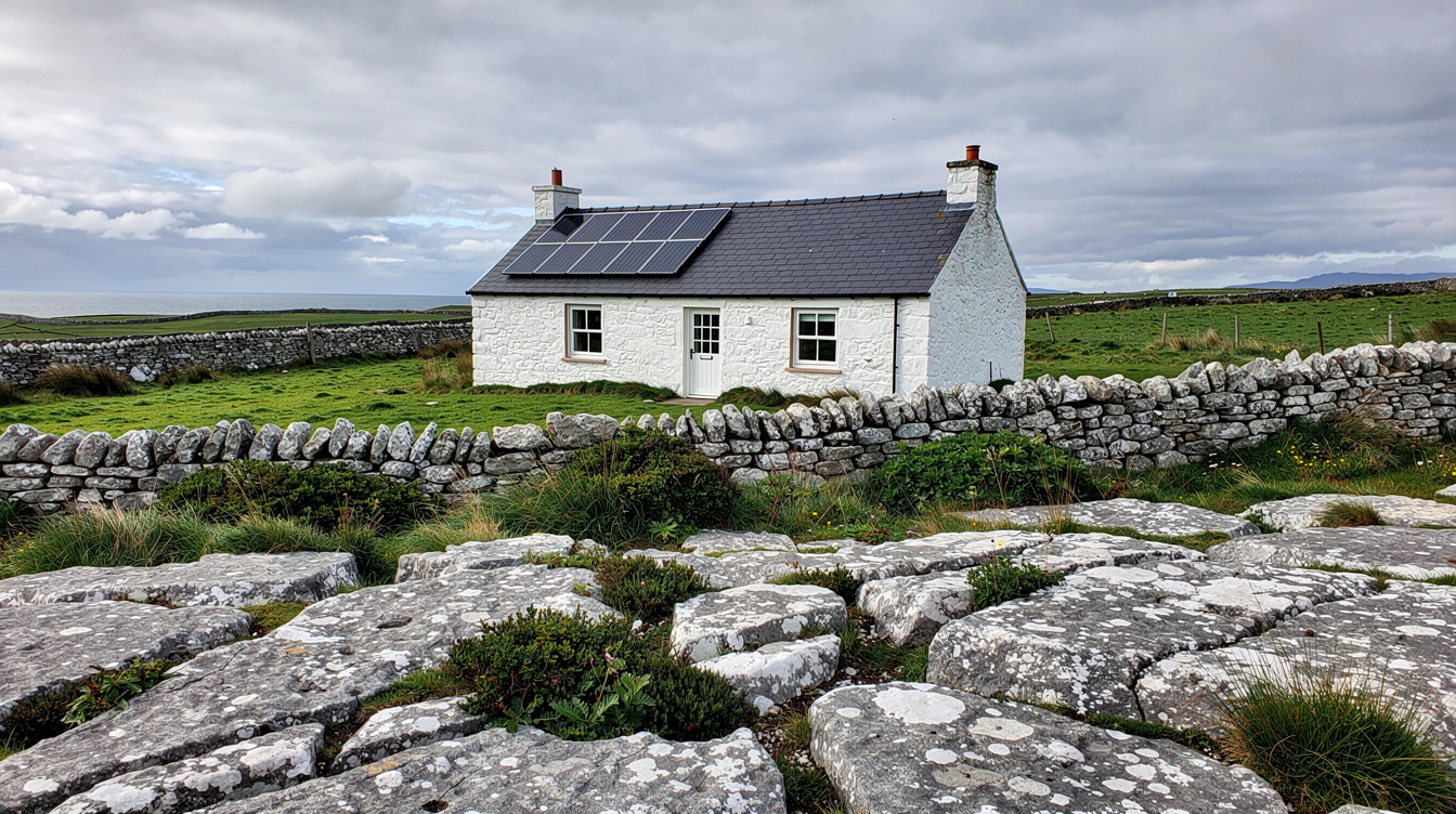 Rural Clare cottage near the Burren landscape with solar panels on south-facing slate roof, limestone field walls and green grass under cloudy Atlantic sky