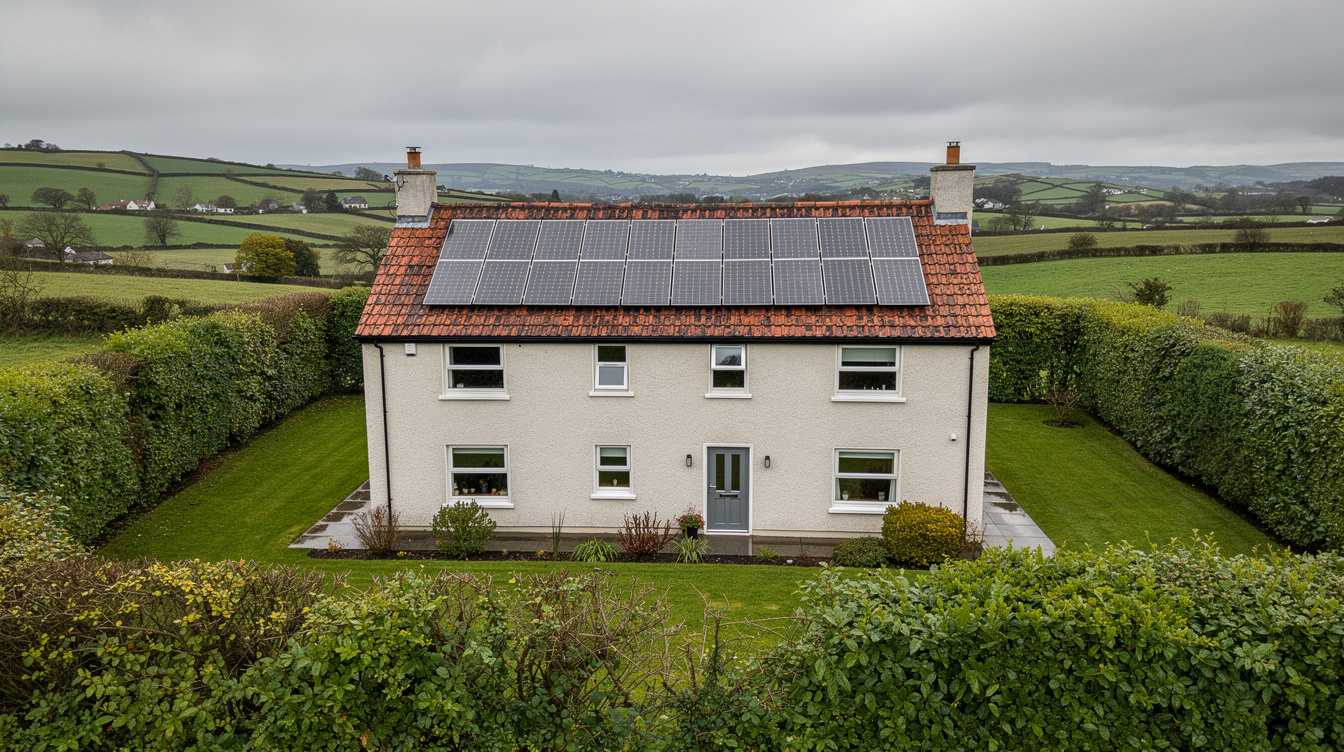 Detached Clare home with solar panels on south-facing tile roof, mature green lawn and trees, rural Clare countryside in background