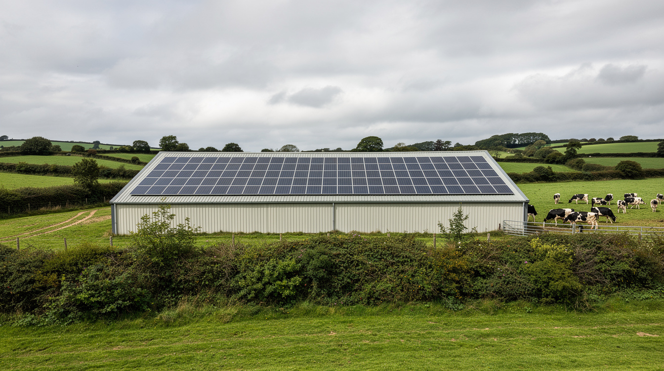 Munster dairy shed with rooftop solar PV array, Cork countryside