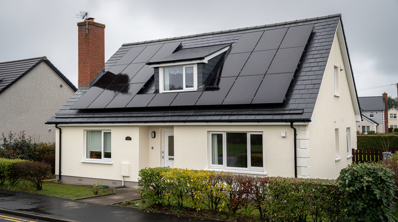Solar PV panel array on Cork suburban house slate roof