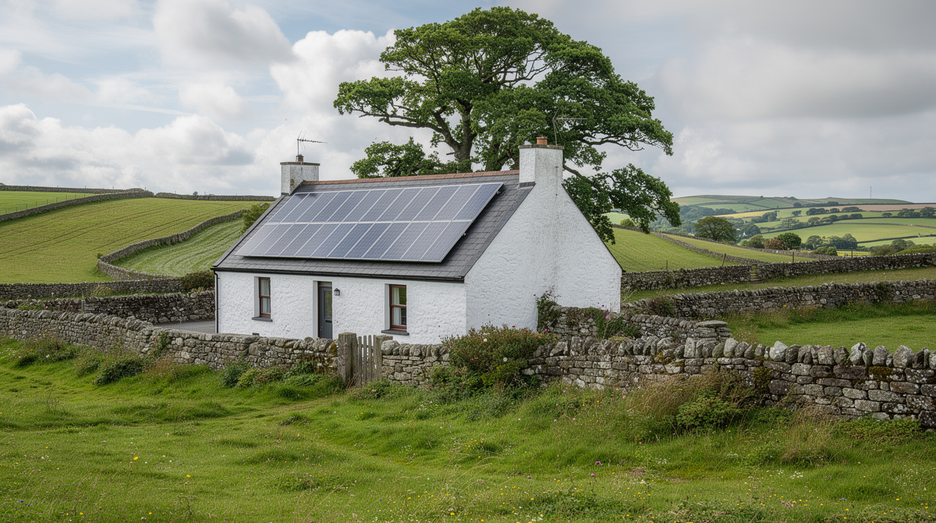 Traditional Irish cottage in rural Cork with solar panels on its slate roof against a backdrop of rolling green farmland