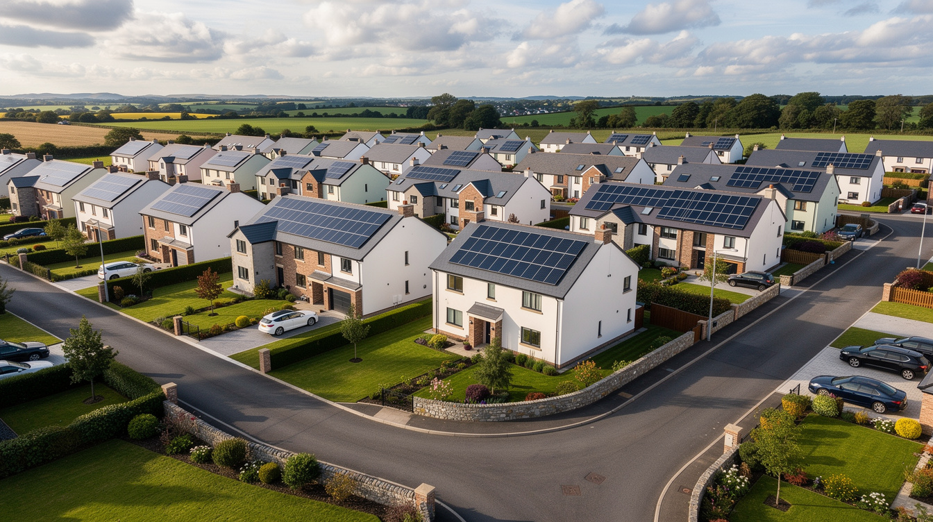 Suburban Cork housing estate with rooftop solar panels on detached and semi-detached homes under a partly clouded sky