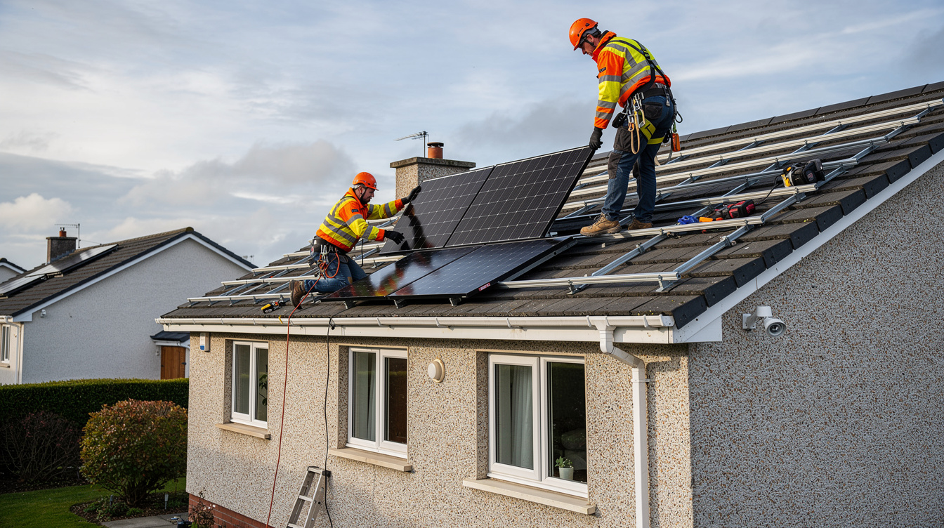 Solar installer fitting panels and mounting rails on Irish home roof, illustrating labour component of install cost