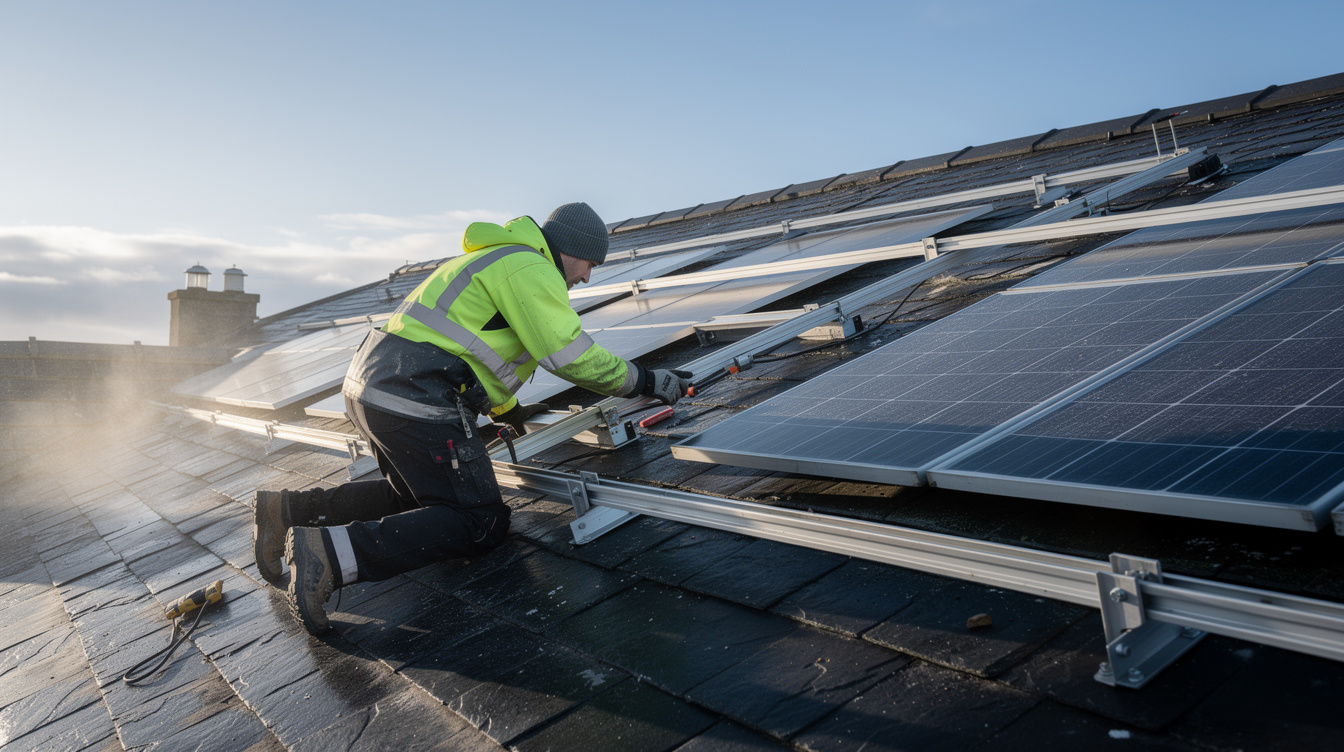 Solar installer mounting panels on an Irish slate rooftop in 2026